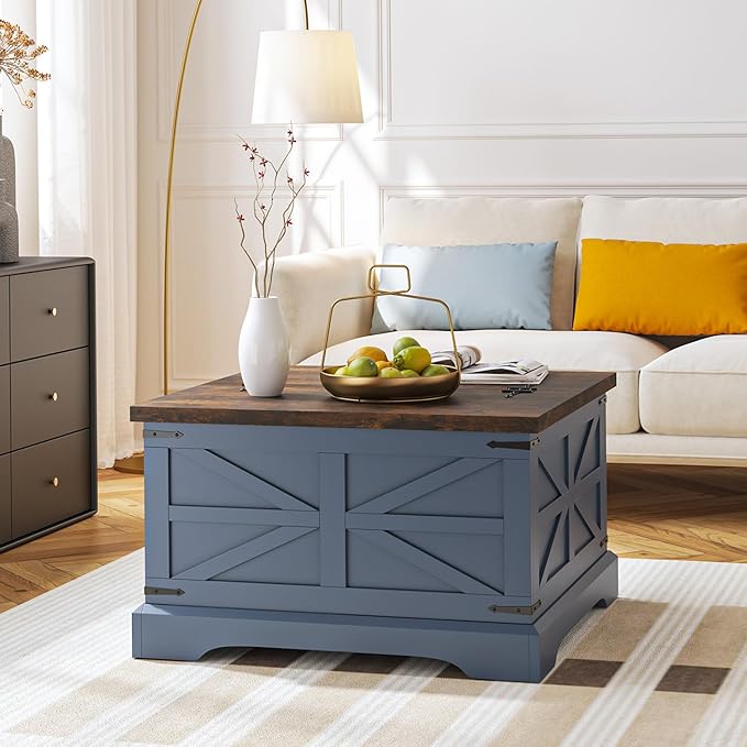 oneinmil Farmhouse Coffee Table with Storage Organizer, Square Coffee Tables with Large Storage Space, Center Table for Living Room, Bedroom, Home Office, Blue
