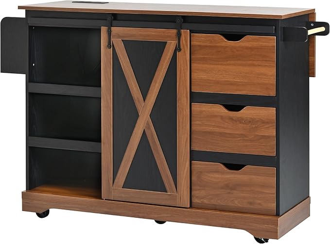 55'' Kitchen Island Cart on Wheels with Drop Leaf Countertop, Mobile Kitchen Island Carts with Power Outlet, Rolling Kitchen Table with Storage, Spice Rack, Towel Rack, and Drawer (Black)