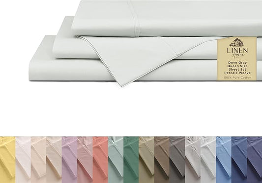 Linen Home 100% Cotton Percale Sheets Queen Size, Dove Grey, Deep Pocket, 4 Pieces Set - 1 Flat, 1 Deep Pocket Fitted Sheet and 2 Pillowcases, Crisp Cool and Strong Bed Linen