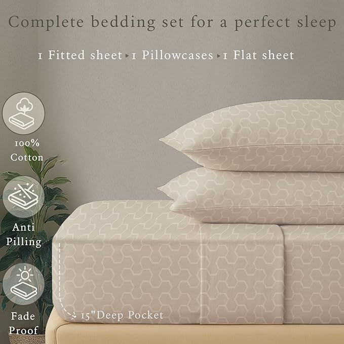 Threadmill Cotton Twin Sheet Set | 500TC 100% Cotton Twin Bed Sheets - Damask Jacquard Sateen, Soft Breathable 3-Piece Cooling Set - Beige