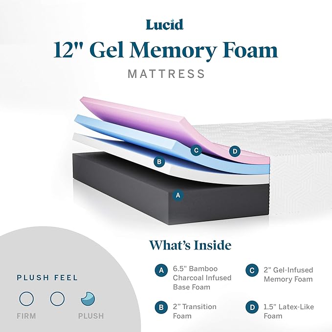 LUCID 12 Inch Memory Foam Mattress - Plush Feel - Memory Foam Infused with Bamboo Charcoal - Gel Infusions - CertiPUR-US Certified - Breathable - Full