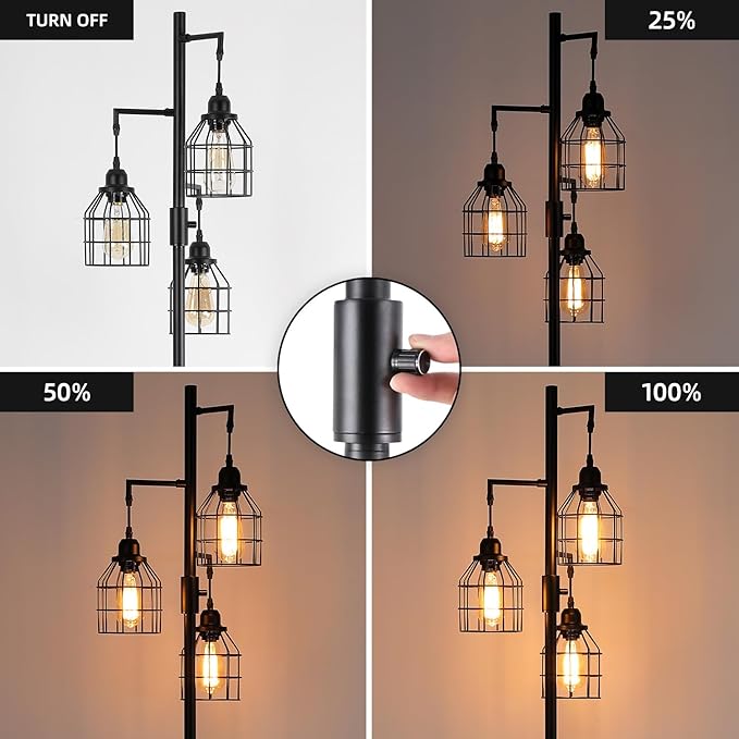 9MMML Floor Lamp for Living Room, Farmhouse Industrial Dimmable Floor lamp,3 Lights Metal Cage Tree Standing Lamp,68", 3Pcs Led Bulbs Included