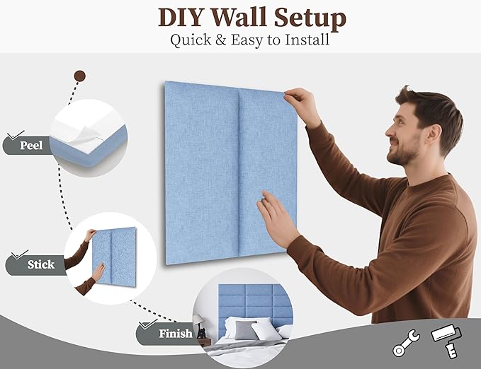 Fabric Light Blue Queen Headboard, 12PCS Wall Mounted Upholstered Panels, Stick-On Bed Wall Decor Backrest for Bedrooms, 10"x24" Each, Fabric - Light Blue