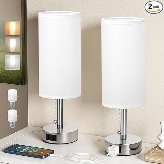 White Silver Bedside Table Lamps Set of 2-3 Color Temperatures Pull Chain Lamp with AC Outlet Charging Port, Two Round Night Stand Lamps for Bedroom, Small Bed Side Light with E26 LED Bulbs