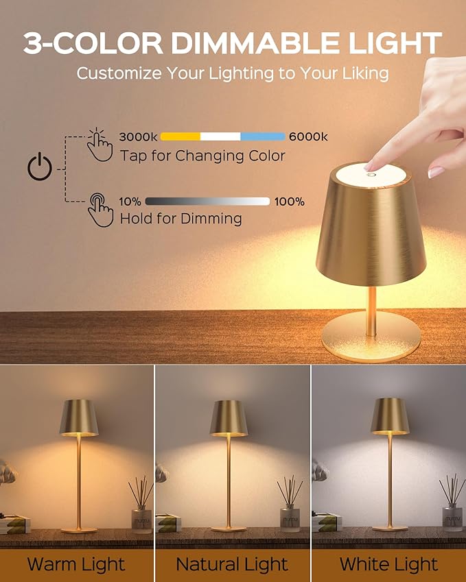 JACKYLED Cordless Table Lamps Rechargeable, 3 Adjustable Height, 5000mAh Battery Operated, 3 Colors Smooth Dimming, Portable LED Waterproof Table Lamp for Dining, Bedroom, Outdoor-Gold
