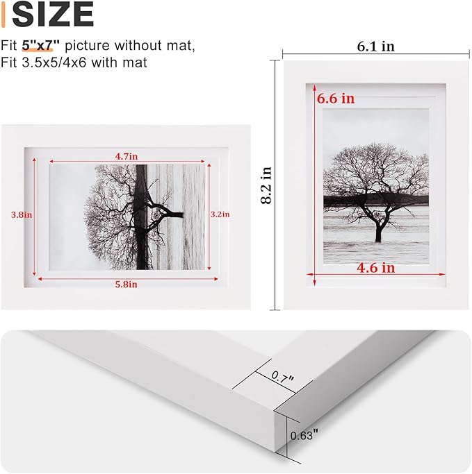 Egofine 5x7 Picture Frame Made of Solid Wood, Covered by Plexiglass Display Pictures 3.5x5/4x6 with Mat or 5x7 Without Mat for Table Top Display and Wall Mounting Photo Frame, White