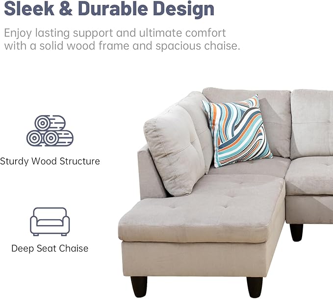 L-Shape 3-Piece Cloud Sofa, Couch for Living Room, Grey White Corduroy Fabric L-Shape with Reversible Chaise & Storage Ottoman, Ergonomic 110–115° Recline, Solid-Wood Frame