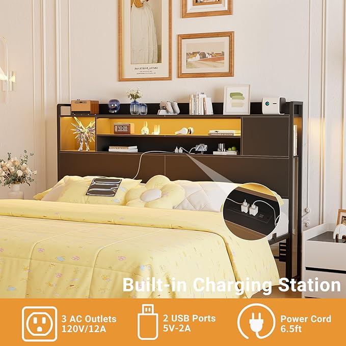 Unikito Headboard for King Size Bed, Bookcase Style Head Board with Power Outlet and RGB LED Light, Reversible Headboard with Storage, Height Adjustable, Sturdy and Stable, King Size, Black