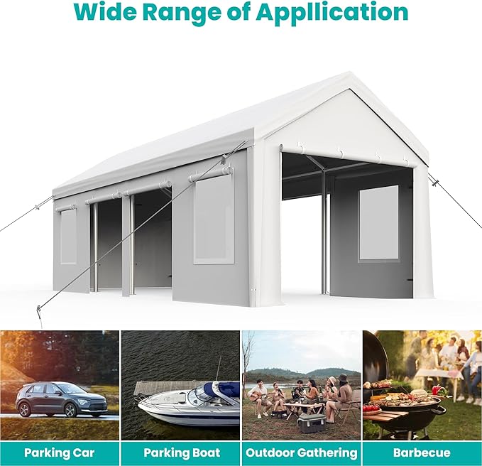 13x25ft Carport, Heavy Duty Carport with Reinforced Steel Poles, Upgraded Portable Garage with Doors & Window, UV Resistant All-Season Waterproof Tarp, for Car, Truck, Boat(White)