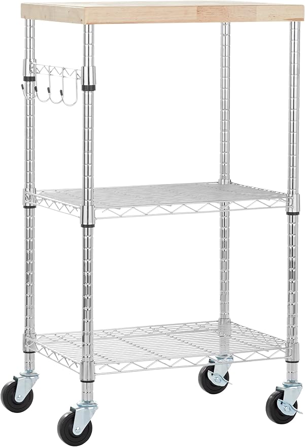 Amazon Basics Portable Kitchen 3-Tier Storage Rack on Caster Wheels with Adjustable 2 Shelves, 175 Pound Capacity, 21 x 15 x 36.7 inches (LxWxH), Wood/Chrome