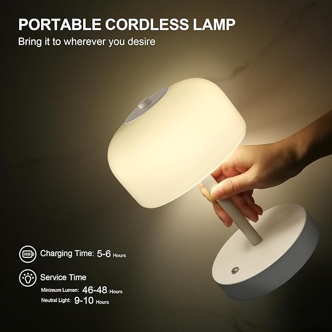 Oneach 9" Small Portable Cordless Table Lamp, 3-Way Dimmable Touch Rechargeable Battery Powered Mushroom Lamp Bedroom Dining Table Living Room Shelf Decor, Black