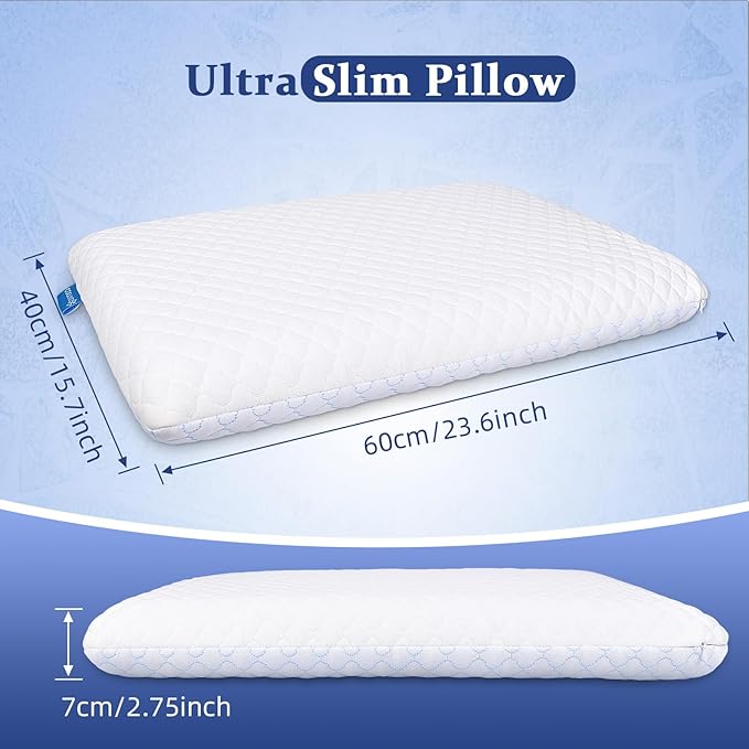 Ultra Thin Flat Pillows for Sleeping Standard Size Set of 2, Cooling Memory Foam Pillow 2.75 inch Height Ultra Thin Pillow,Slim Bed Pillows for Stomach Back Sleeper,16x25 Inch