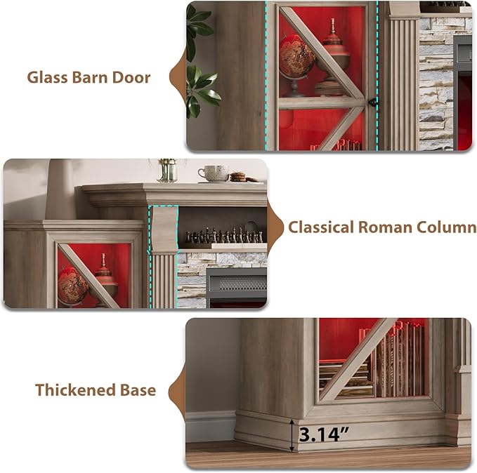 QUW Electric Fireplace TV Stand, 70" Farmhouse Entertainment Center with Open Shelf and Glass Barn Door Cabniet, Modern TV Console Table with 7 Flame Colors for Living Room, Grey