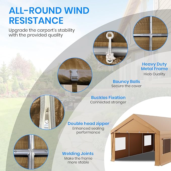 Carport 10x20 Heavy Duty Portable Garage,Carport Canopy with Roll-Up Windows & Doors,Portable Garage and Shelter with Removable Sidewalls,Car Tent Garage with All-Season Tarp for Truck Lawnmower Bike