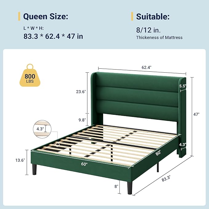 Allewie Queen Size Platform Bed Frame with Velvet Upholstered Wingback Headboard, No Box Spring Needed, Under Bed Storage Space, Strong Wooden Slats, Modern Mattress Foundation, Easy Assembly, Green