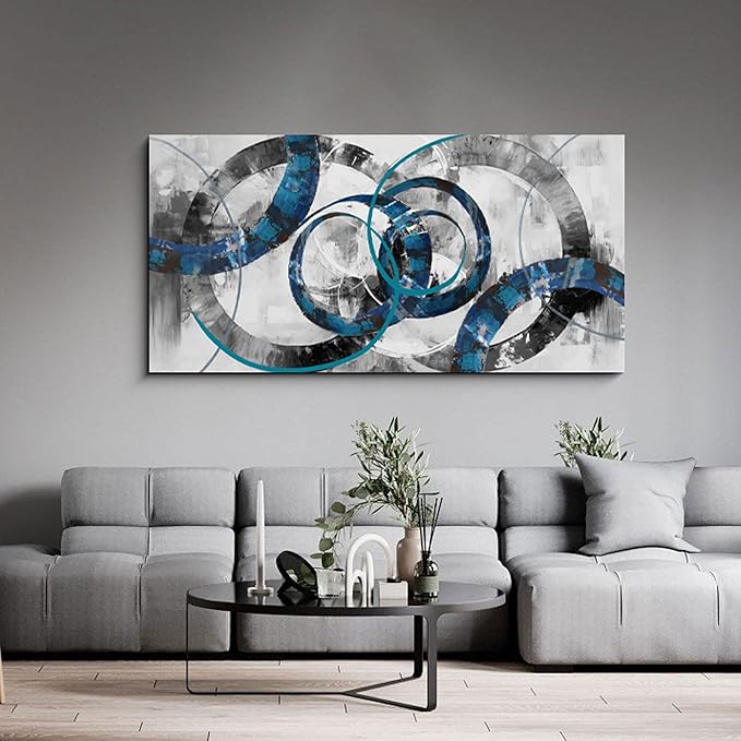 XLSJERST Blue Abstract Canvas Wall Art - Modern Art Wall Decor Wall Pictures for Living Room Bedroom Office Gray and White Paintings Artwork for Wall Size 24x48 Inches