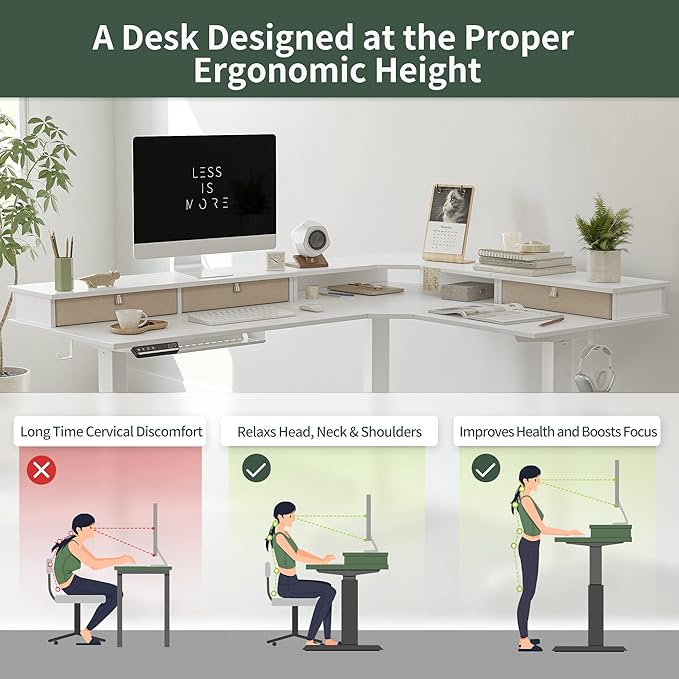 FEZIBO 63" L Shaped Standing Desk with Drawers, 330LBS Electric Standing Gaming Desk L Shape, Pure White