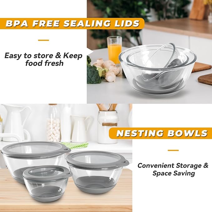 Glass Mixing Bowls HEAVY DUTY Top Choice for High-end Kitchens Extra-thick Glass Mixing Bowl Set of 3 with BPA-Free Airtight Lids Large Nesting Bowls with Non-Slip Silicone Base Well-made