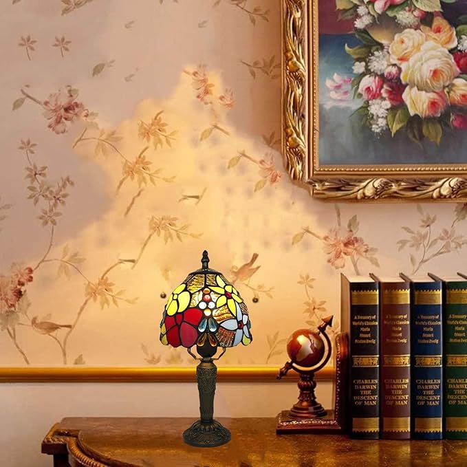 Tiffany Style Small Table Lamp,Rose Flower Stained Glass 3 Color Temperature Antique Table Lamps,Bedside Nightstand Lamp for Bedroom,Living Room,Home Office, Include LED Bulb,6X6X12.5Inch