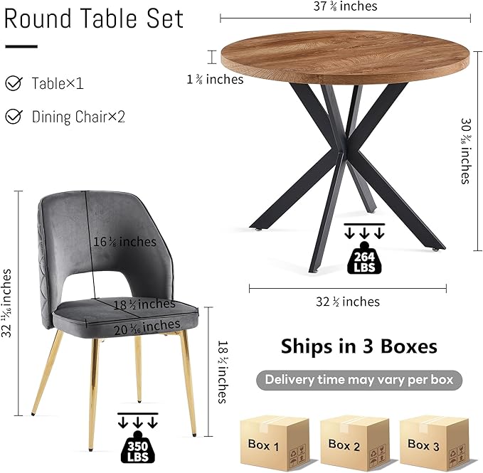 NORDICANA 3-Piece Dining Table Set for 2 - Space Saving 37-Inch Round Table and Chairs, 2 Seaters Dining Set with Upholstered Dining Chairs (Grey)