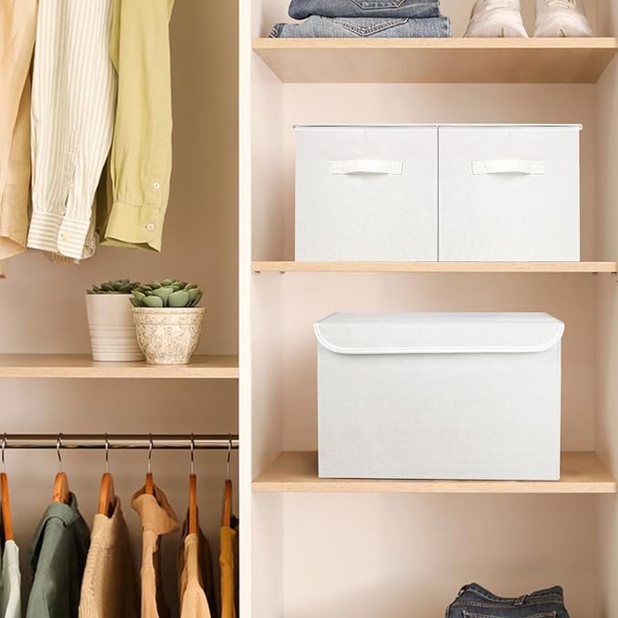 Large 17" 42 Quarts Collapsible Stackable Storage Bins with Lids [3-Pack] Foldable Fabric Linen Storage Boxes Cube, Closet Organizer Baskets with Label (16.7 x 12 x 12", White)