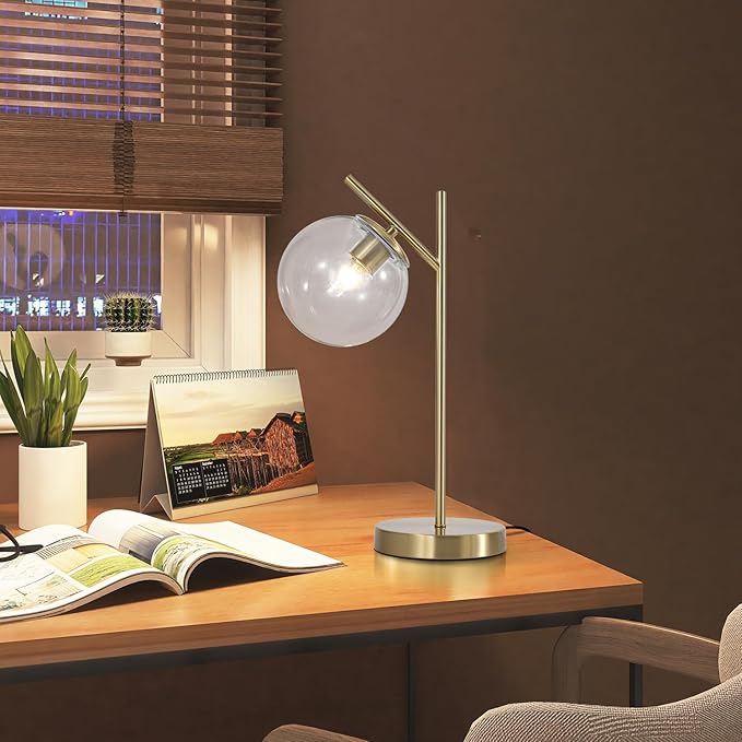Mid Century Modern Table Lamp Contemporary Metal Brass Bedside Lamps with Clear Glass lampshade Gold Globe Nightstand Lamp for Bedroom Living Room Study Room