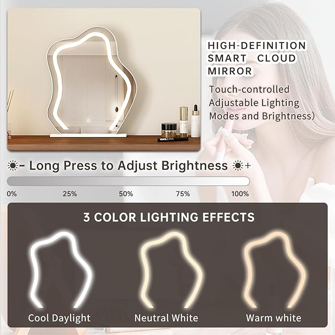 Makeup Vanity Desk Set with Cloud-Pattern HD Lighted Mirror and Stool, 50-90in Extendable Modern Vanity Table, 6-Drawer Solid Wood Frame Storage Cabinet, Bedroom Dressing Table, Brown