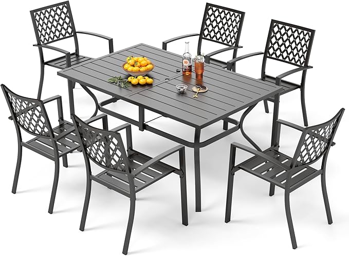 PHI VILLA 7-Piece Metal Patio Outdoor Table and Chairs Outdoor Dining Set - 60" Patio Table with Umbrella Hole and 6 Backyard Garden Chairs, Black