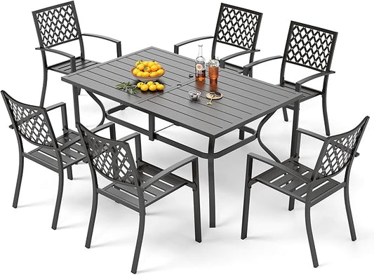 PHI VILLA 7-Piece Metal Patio Outdoor Table and Chairs Outdoor Dining Set - 60" Patio Table with Umbrella Hole and 6 Backyard Garden Chairs, Black