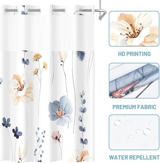 No Hook Shower Curtain with Snap in Liner - Watercolor Floral Shower Curtain - Waterproof Inner Liner, Plants Blue Beige Flowers Cloth Shower Curtains - Machine Washable, 54 x 80