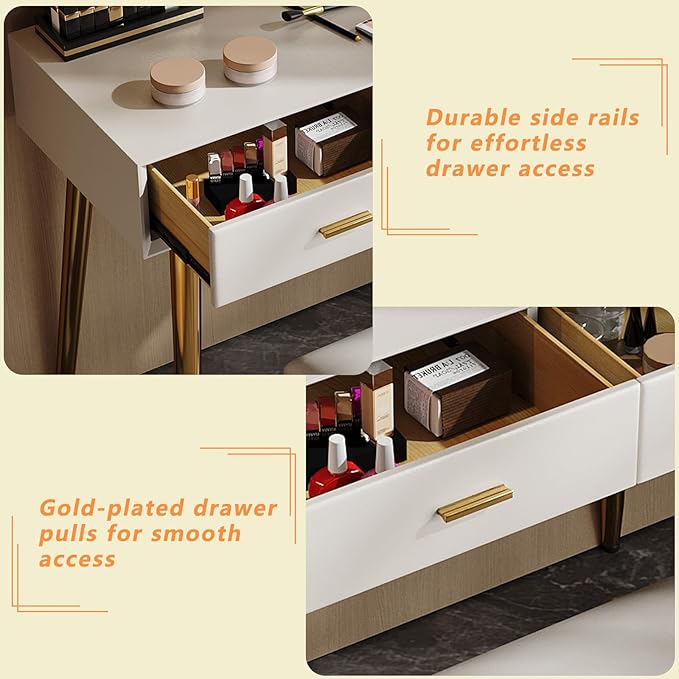 Vanity Desk with Adjustable Mirror and Lights, Makeup Desk with Drawers and Chair, Dressing Table Set with Leather Surface, Small Vanity Table for Bedroom, 3 Lighting Modes (Beige)