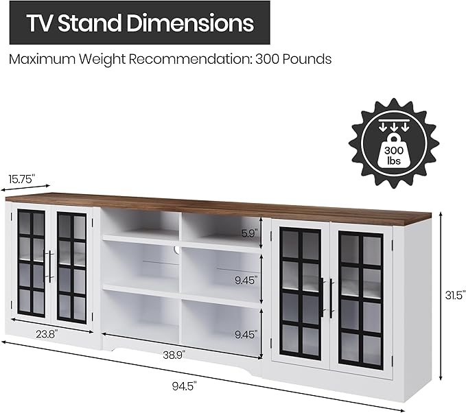 94.5 inch TV Stand for TVs up to 100", Entertainment Center Console Table with Closed Storage Cabinet and 3-Tier Open Shelves, Farmhouse TV Console for Living Room, White