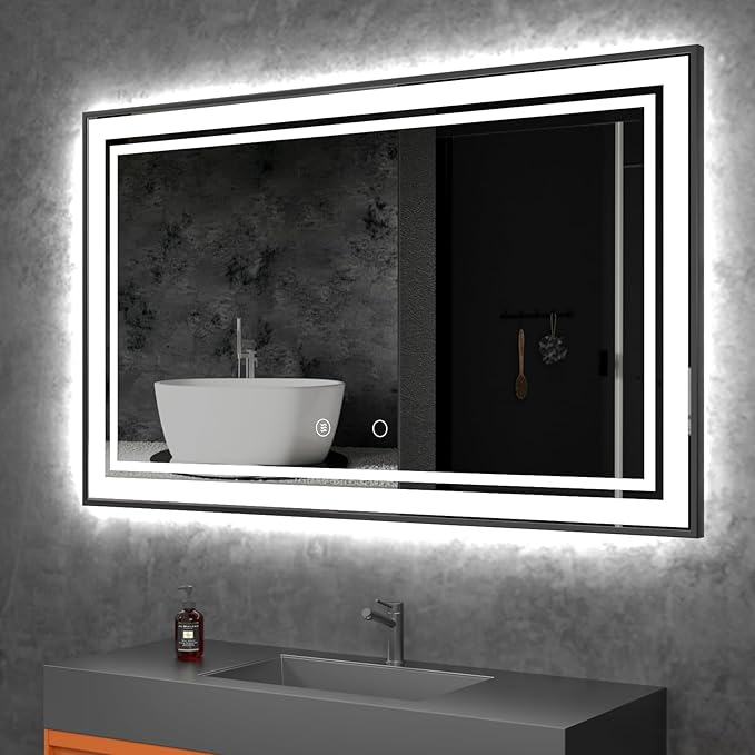 60" x 36" LED Bathroom Mirror with Lights Framed LED Mirror for Bathroom Backlit and Front Lighted Bathroom Mirror Black Square Aluminum Frame Anti-Fog Dimmable Adjustable Shatter-Proof