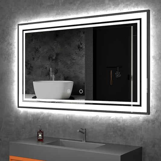 60" x 36" LED Bathroom Mirror with Lights Framed LED Mirror for Bathroom Backlit and Front Lighted Bathroom Mirror Black Square Aluminum Frame Anti-Fog Dimmable Adjustable Shatter-Proof