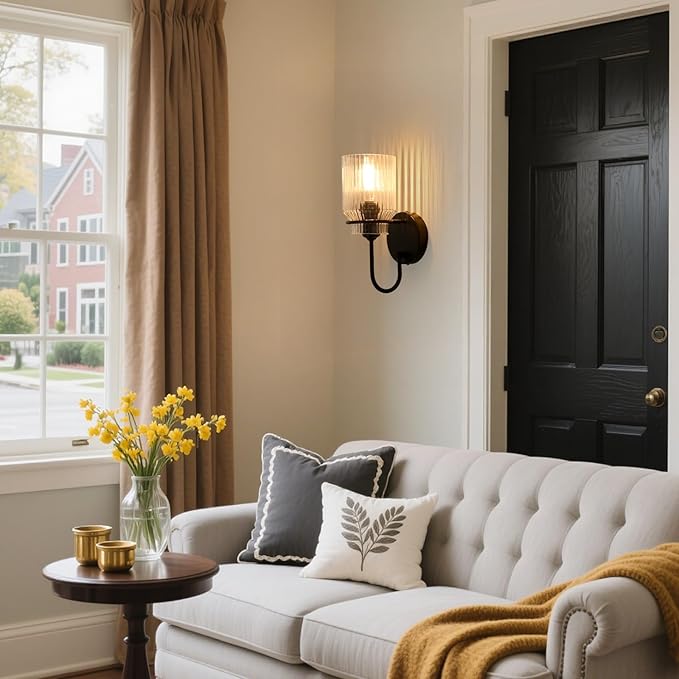 Modern Farmhouse Wall Sconces Set of 2, Black Bathroom Sconces with Clear Glass Shade, Vanity Lights for Bedroom Living Room Bathroom Hallway Stairwell