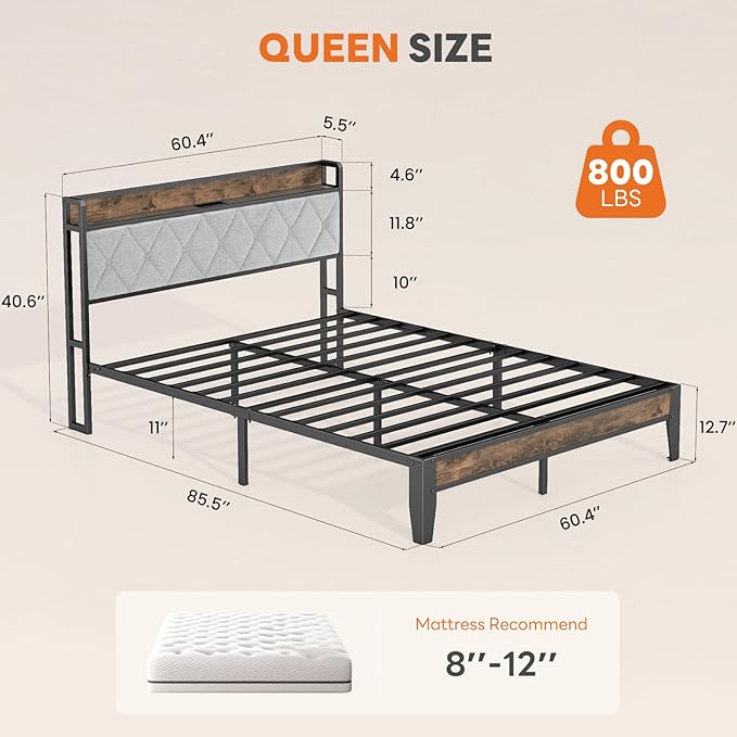 Sweetcrispy Queen Bed Frame with Headboard,Spacious Underbed Storage,Integrated Charging Station,Durable Squeak-Free Frame,Simple No-Tool Assembly,Works with Queen Mattress No Box Spring Required