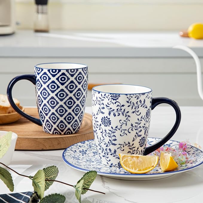 Ceramic Coffee Mugs Set - 16 Oz Large Porcelain Tea Cups with Handle for Men Women Latte Cocoa Cappuccino - Christmas Housewarming Gift - Dishwasher Safe - Set of 6 - Vintage Blue