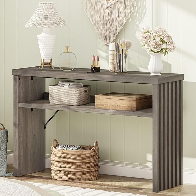 BON AUGURE Sofa Console Table, Wood Entryway Table, Grey Behind Couch Tables with Open Storage, Modern Narrow Hallway Tables (Greige Oak, 47 Inches)