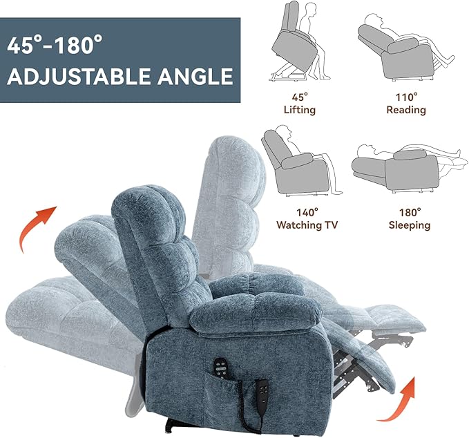 Luxlen Power Lift Recliner Chair for Elderly, Heat Massage Recliners, Dual Motor Oversized Lift Chair, Medium-Firm Electric Lift Recliners with Remote - Greyish Blue