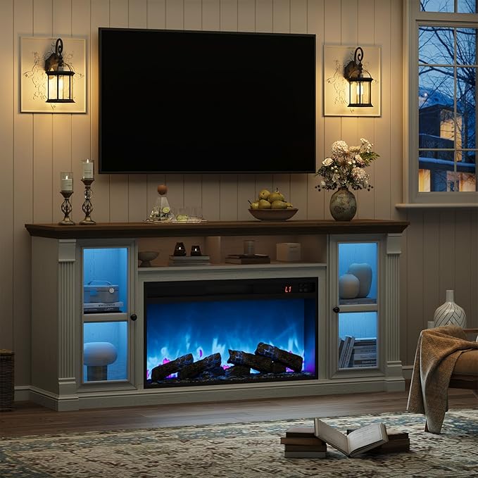 Farmhouse Fireplace TV Stand Up to 80" TVs, 70" Modern Highboy Entertainment Center with 36" Electric Fireplace & LED Lights, Media Console with Adjustable Shelves for Living Room, Antique White