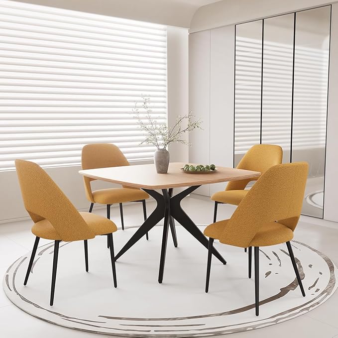 Kidol & Shellder 45.2" Square Dining Table Set for 2-4 People Modern MDF Wooden Dining Room Table with X-Shaped Metal Base Kitchen Table（Natural Table+2pcs Yellow Chairs）
