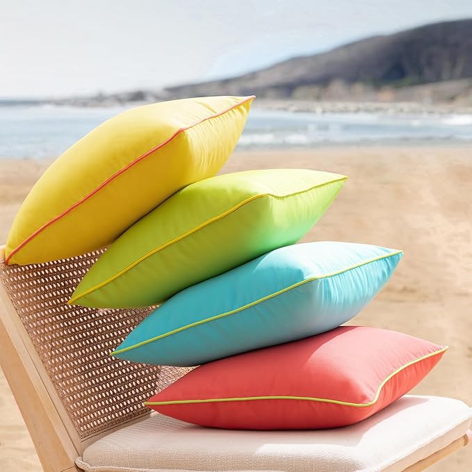 Phantoscope Pack of 2 Outdoor Waterproof Throw Pillow Covers with Contrast Piping, Decorative Square Cushion Case Patio Pillows for Couch Tent Sunbrella, Lemon Yellow 12x20 inches