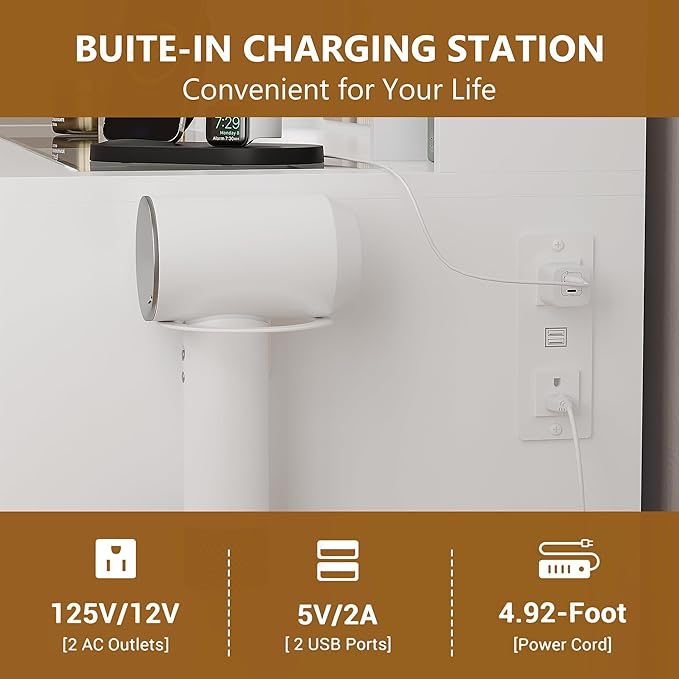 White Vanity Desk with Mirror and Lights, Glass Top Vanity with Lighted Mirror & RGB Cabinet and 3 Drawers, Dressing Table with 8 Shelves, Makeup Desk with Lights for Girls Bedroom, 3 Color Modes