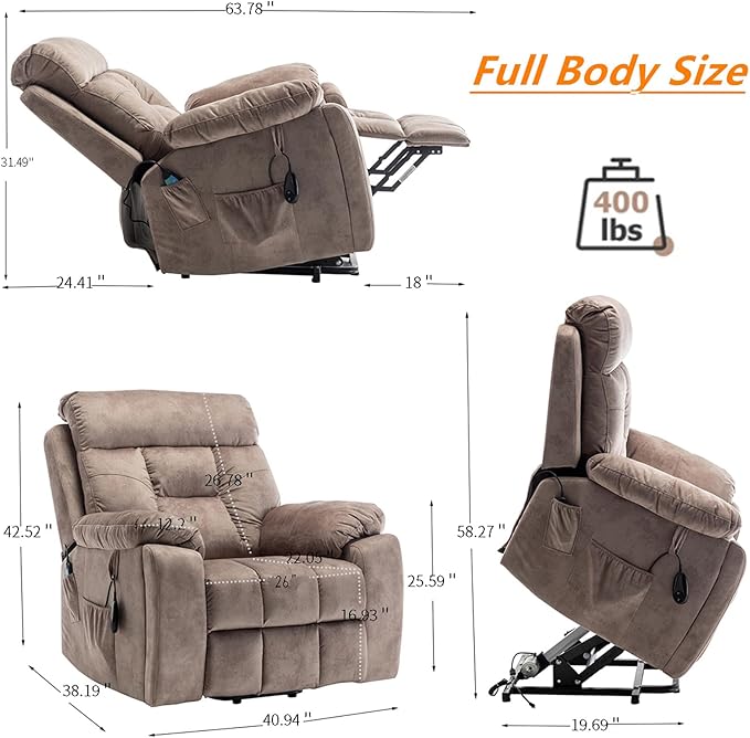 26in Extra Wide Recliner Chair for Big Man 400lbs, Oversized Power Lift Chair with Heat and Massage Hidden Cup Holder, Lift Recliner Chairs for Elderly Sleeping (Light Brown)