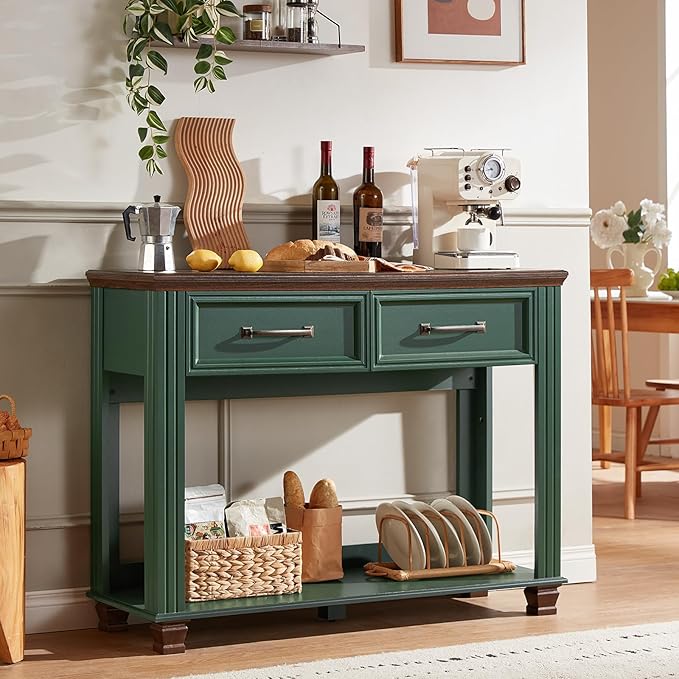 Farmhouse 46" Console Table with 2 Drawers, Rustic Wood 2 Tier Entryway Table with Open Storage Shelf for Entry, Large Mid-Century Vintage Sofa Tables Behind Couch for Living Room, Green