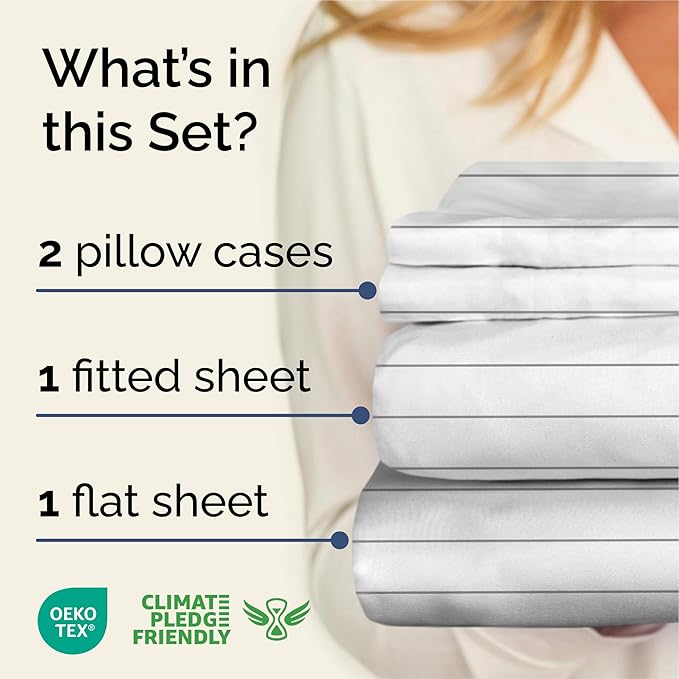 Striped Sheets - Grey Striped Sheets - 1 Flat & 1 Fitted & 2 Pillowcases w/ Deep Pockets – Comfy, Wrinkle & Fade Free - Ultra-Soft, Breathable & Cooling – Luxury Pinstripe Bedding - Queen Size Bed Set