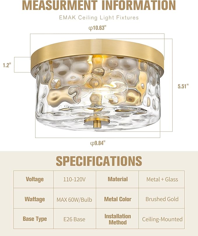 Emak Modern Brushed Gold Ceiling Light, 2-Light Ceiling Lights with Hammered Glass Shade, 11 Inch Flush Mount Light Fixture for Bedroom, Bathroom, Hallway, Kitchen, FM082-GD-HG