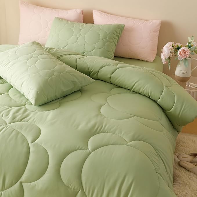 Luxlovery Sage Comforter Set Queen Sunflower Light Green Bedding Comforter Set Queen Size Boho Botanical Big Flowers Quilts Farmhouse Grass Green Comforter for Women Men