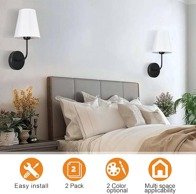 Modern Hardwired Wall Sconce Set of 2 – Matte Black Finish with White Fabric Shades,Farmhouse Bedroom & Living Room Lighting, Hallway, Fireplace, Bathroom