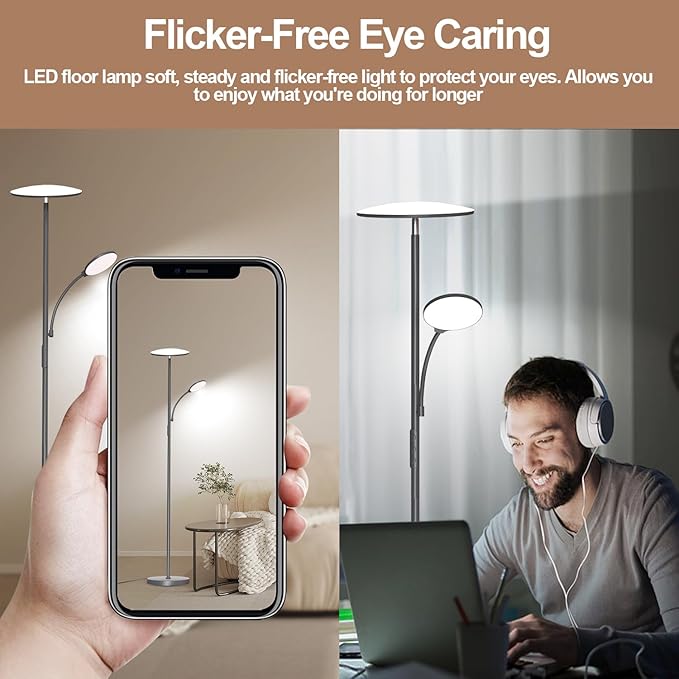 Gray Floor Lamps for Living Room, 44W/4500LM Super Bright 2 in 1 LED Floor Lamp with Remote, Stepless Dimmable, 69" Tall Standing Floor Lamp with Bendable Reading Light for Bedroom Office